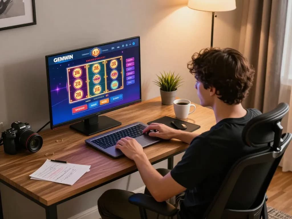 GEMWIN player focuses on online slots and poker, enjoying a cozy home gaming setup with strategic notes.