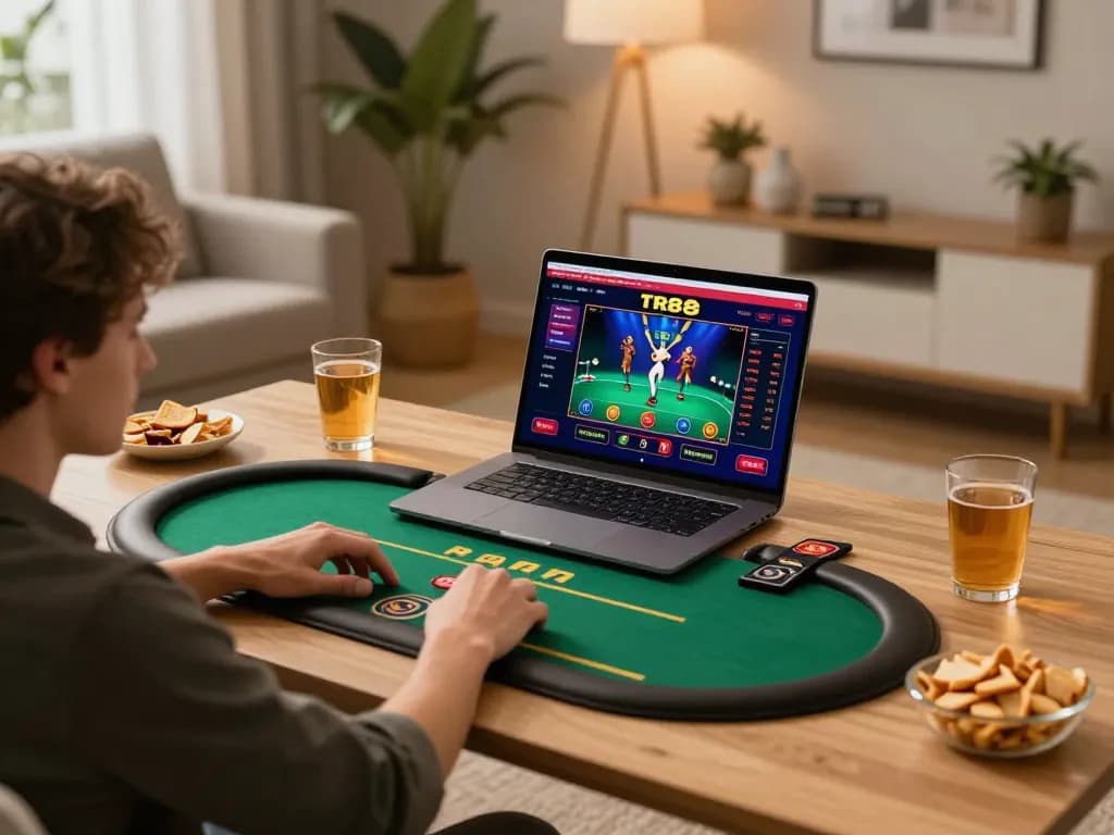 Engaging in TR88 online casino gaming at home with a laptop and snacks.