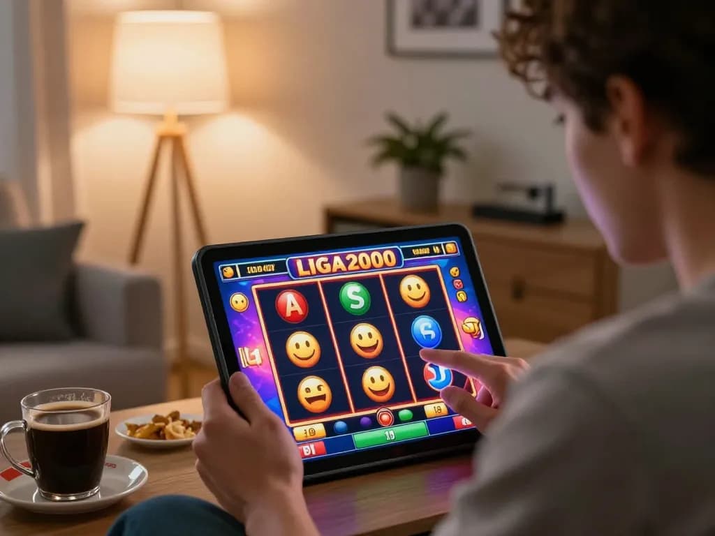 LIGA2000 player engaging with their online slot game on a tablet in a cozy home setting.