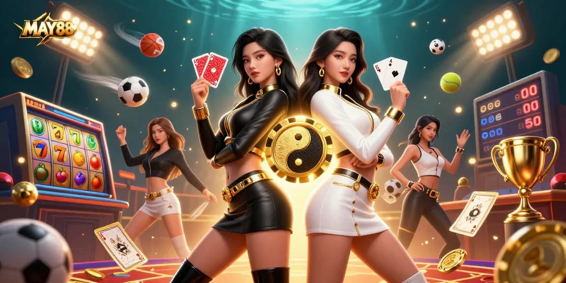 MAY88 showcases twin Asian women in a dynamic casino scene, with vibrant elements enhancing excitement.
