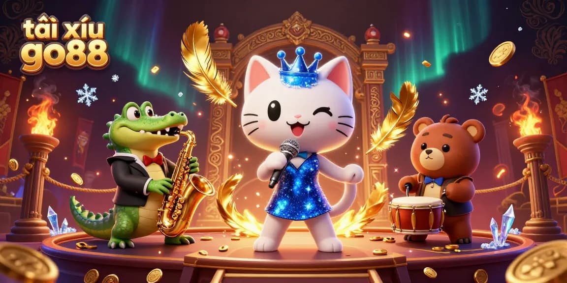 Tài xỉu go88 showcases a lively casino scene with a singing cat and musical characters.