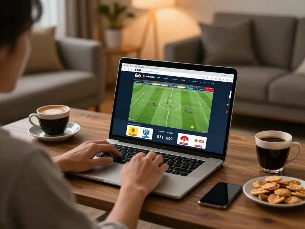 Kèo nhà cái 5 interface displayed on a laptop while a person enjoys strategic online betting in a cozy home setup.