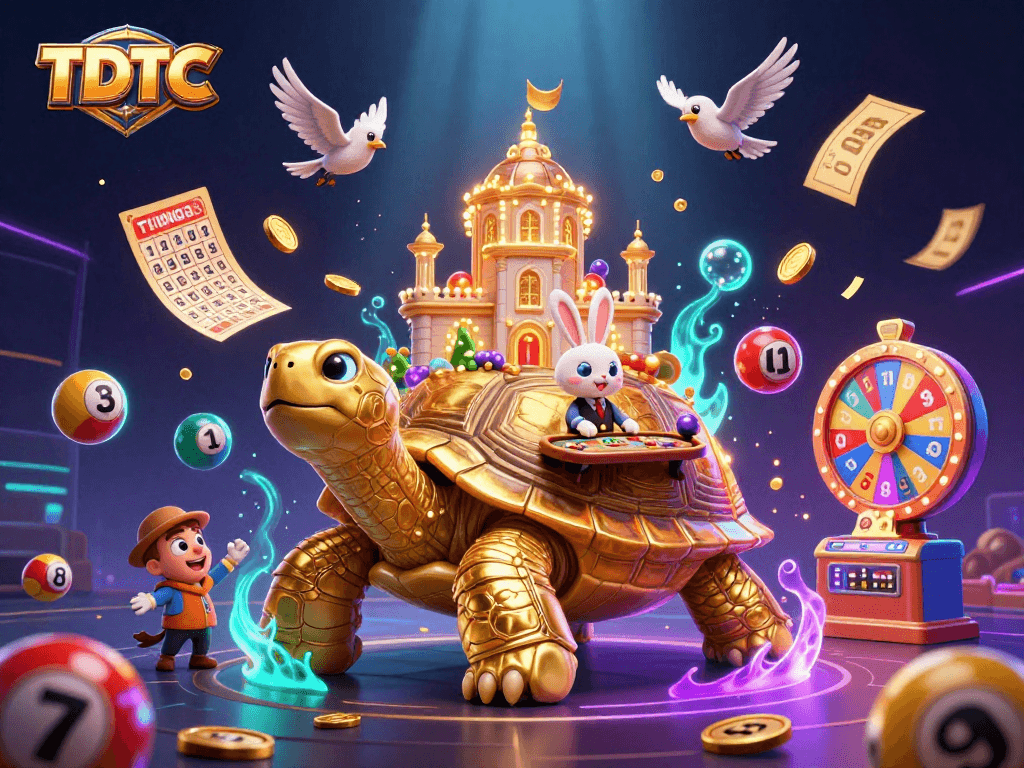 Experience exciting TDTC gaming action with a vibrant 3D scene of a golden tortoise casino.