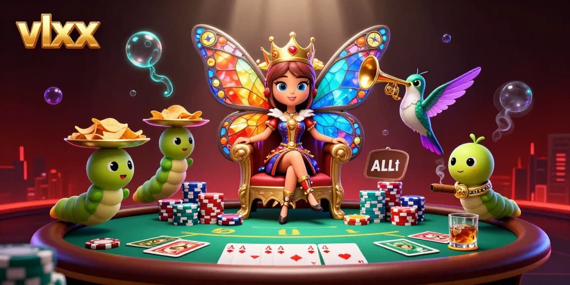 Experience thrilling poker action with vlxx, featuring a vibrant scene of a butterfly queen and poker elements.