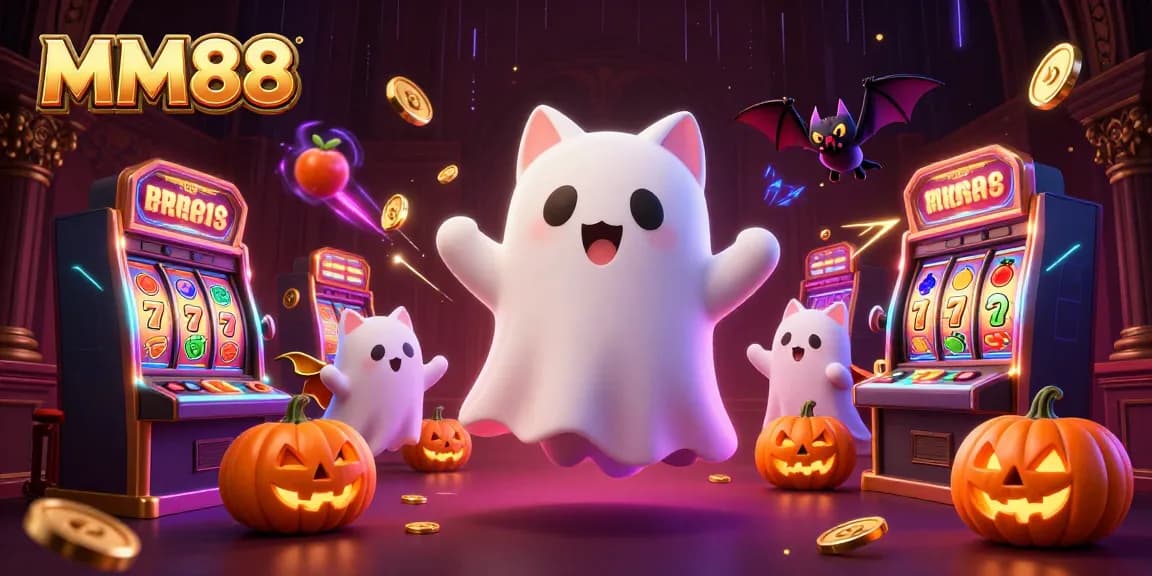 Experience the excitement of MM88 with ghostly themes and vibrant casino elements in this animated scene.