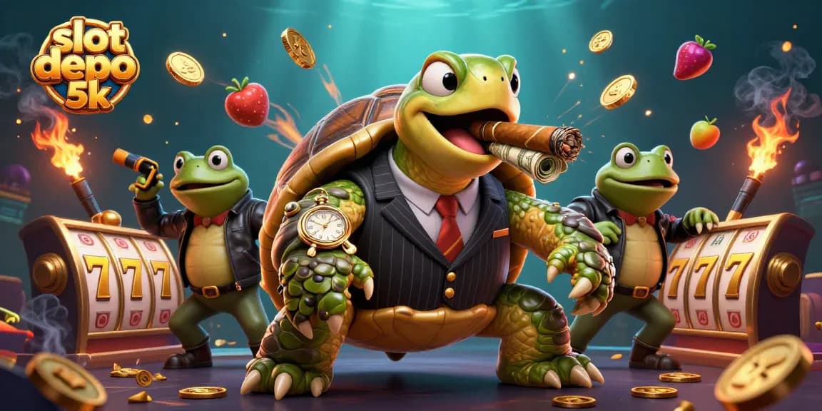 Engage with thrilling slot depo 5k action in this vibrant 3D casino illustration with cartoon characters.