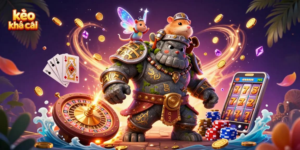 Experience thrilling kèo nhà cái action with a 3D illustration of fantasy characters and vibrant casino elements.