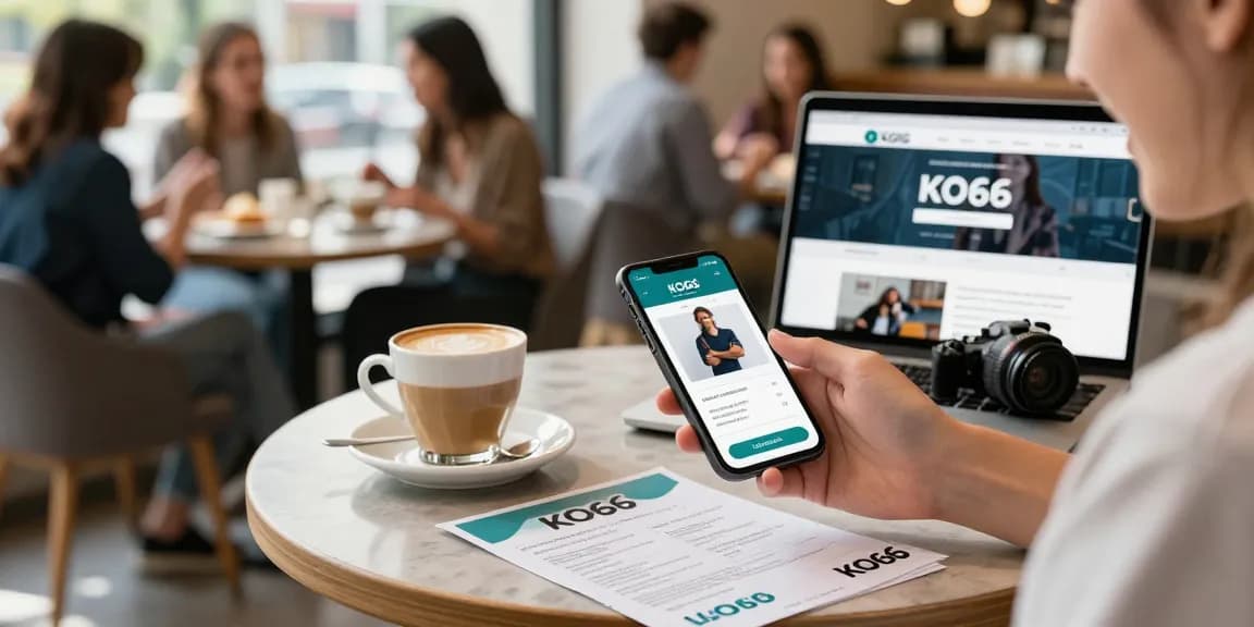 Excited user downloading KO66 app in a vibrant café atmosphere with promotional materials.