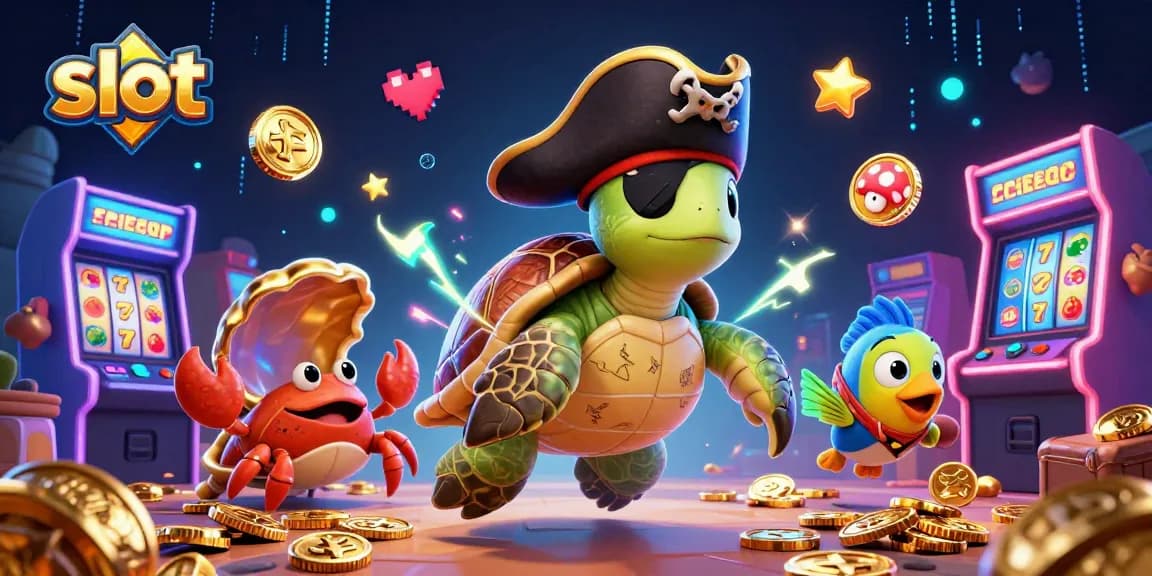 Spin the slot machines with a colorful 3D pirate turtle, glowing symbols, and rich treasures.