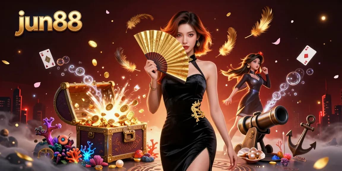 Experience the excitement of jun88 online gaming with stunning visuals of casino elements and characters.