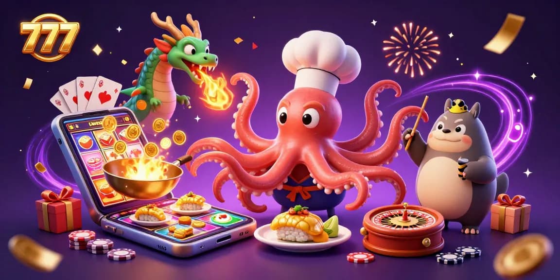 Engage in thrilling 777 action with a sushi chef octopus, lucky dragon, and a playful tanuki in this vibrant casino illustration.