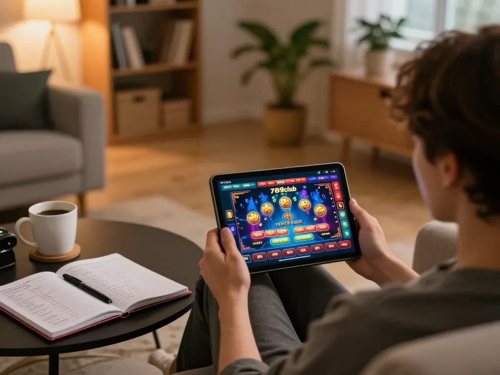 Engaged user playing 789club casino games on tablet in a cozy home setting