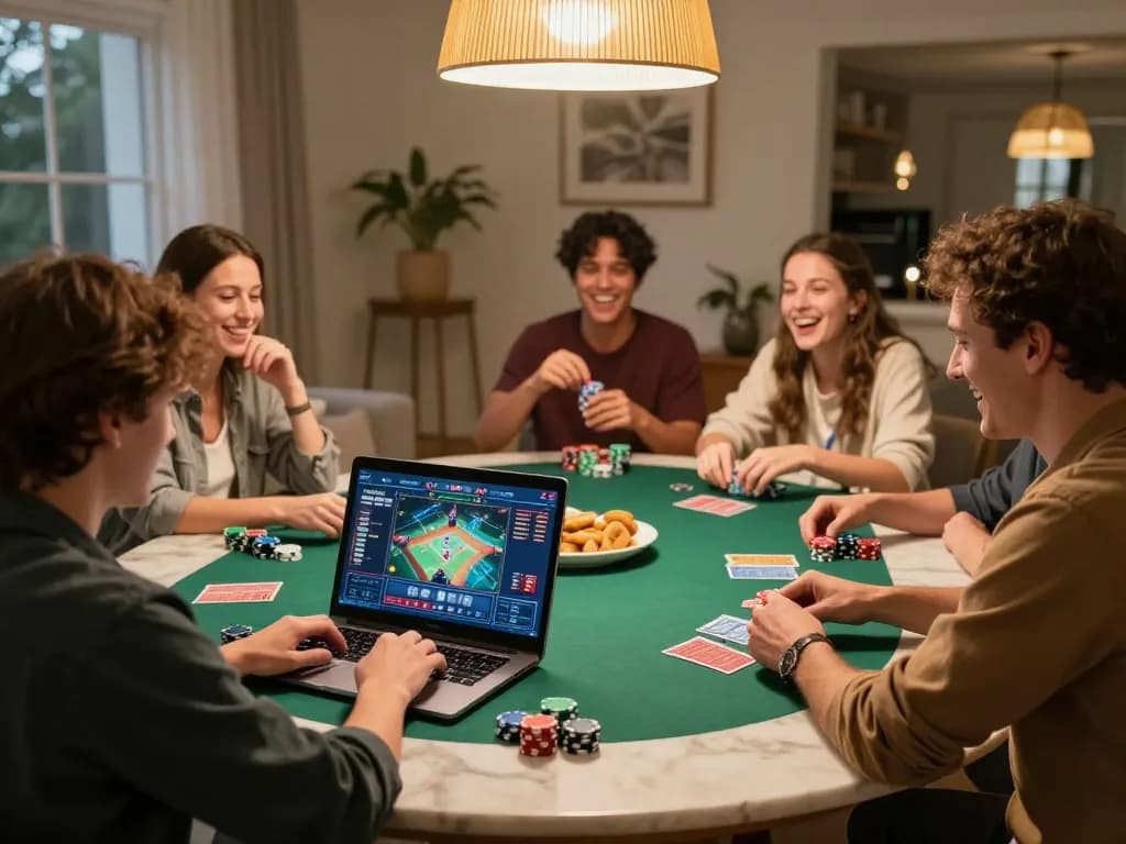 Rikvip players enjoying an engaging poker night at home with chips and laughter