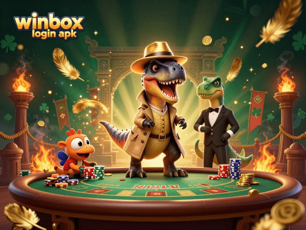 Winbox login apk scene featuring a masked velociraptor, stegosaurus pit boss, and sneaky compy at a blackjack table with coins