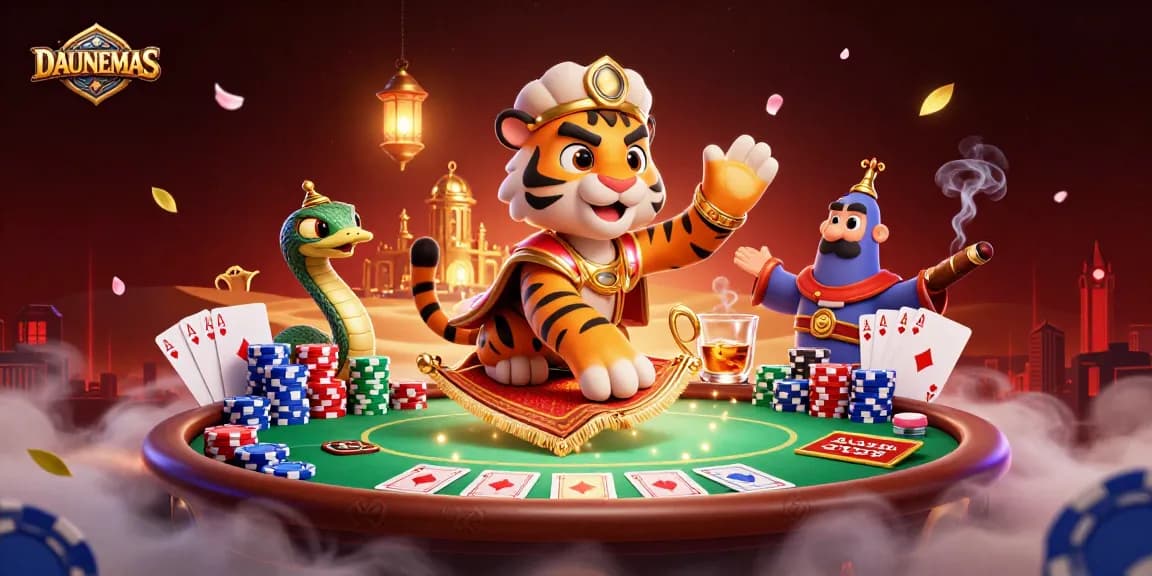 Engage in thrilling gameplay with DAUNEMAS, featuring a vibrant scene of poker and luck.