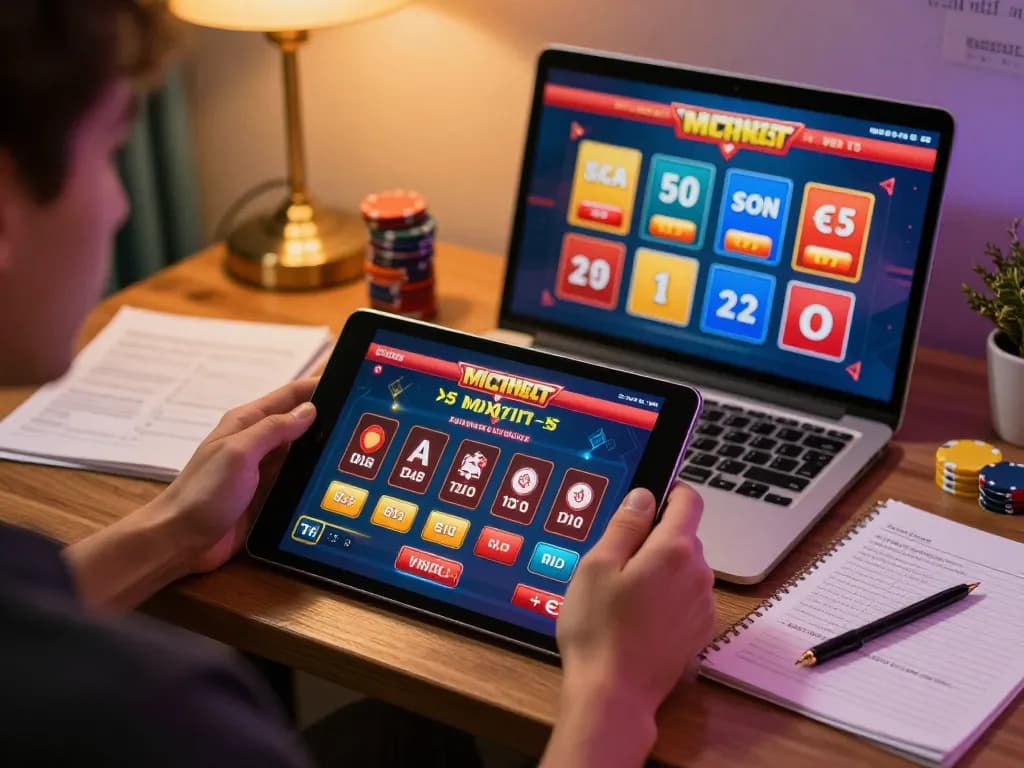 Suasana menarik pengguna yang menikmati permainan casino empire99 di tablet di rumah dengan catatan strategi.