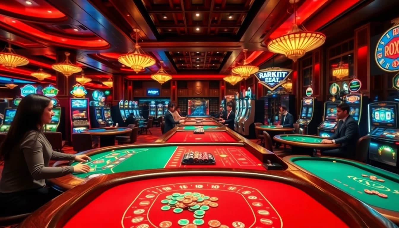 Experience thrilling gaming at Rikvip's luxurious online casino, featuring vibrant tables and excited players.