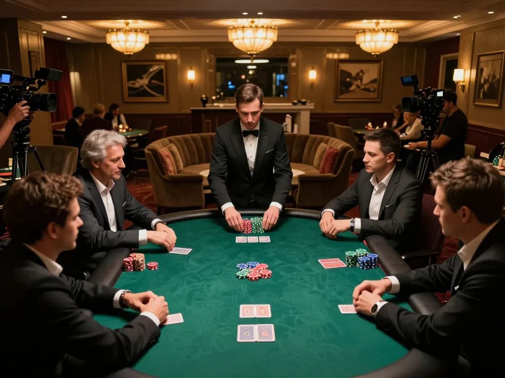 KJC poker players strategizing at a high-stakes table with dealer managing cards, luxury venue ambiance.