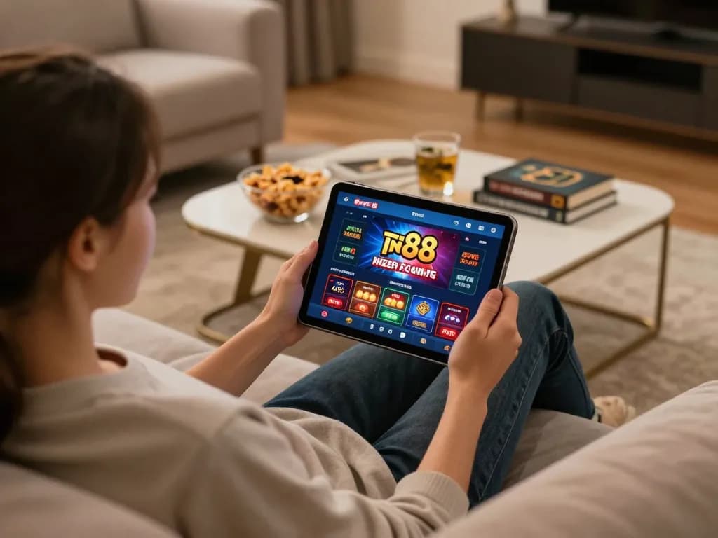 Fun88 gaming session on a tablet in a cozy living room with soft lighting and focused atmosphere.