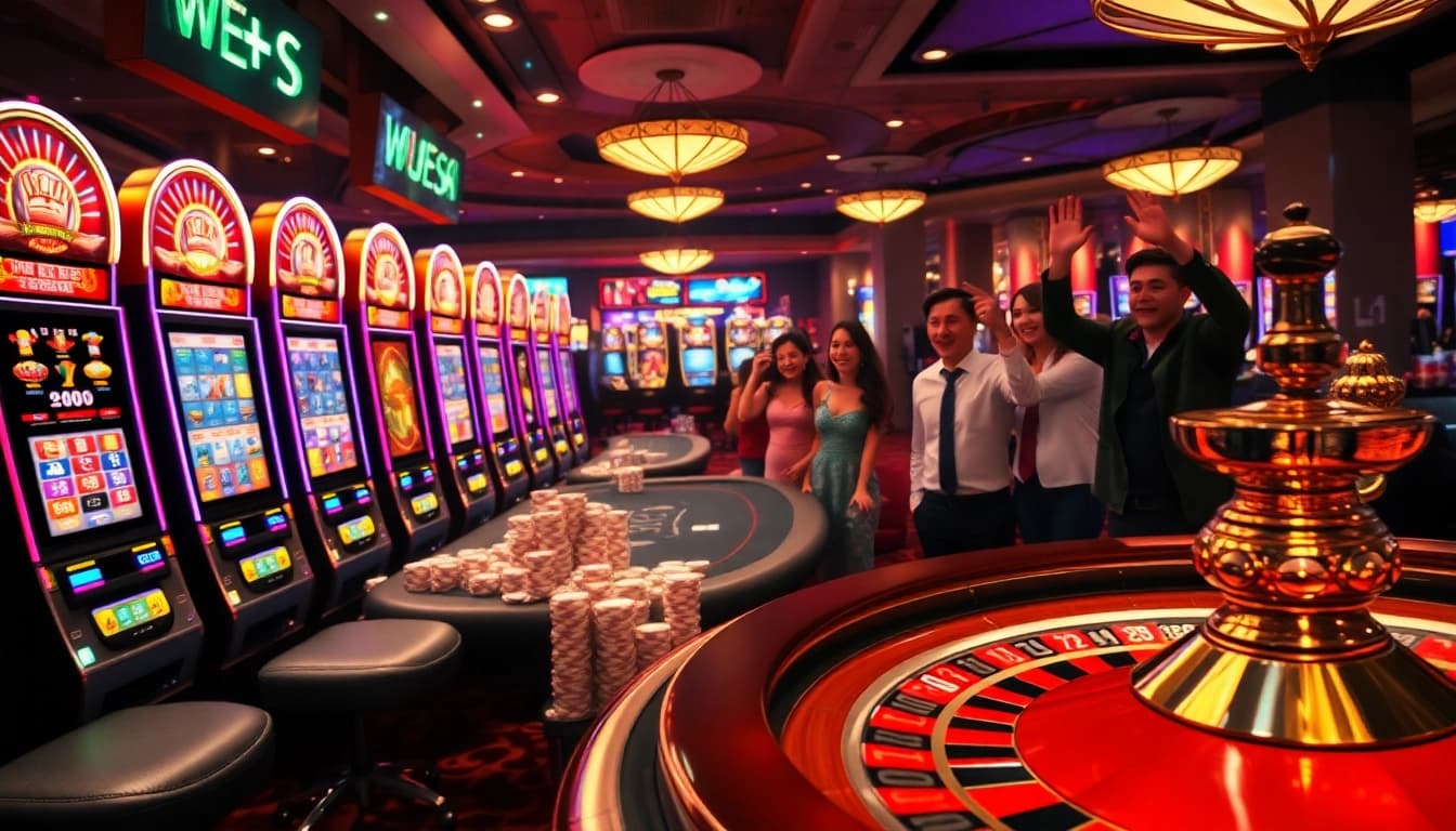 Experience the thrill of slot gacor hari ini at a luxurious casino with vibrant slot machines and excited players.
