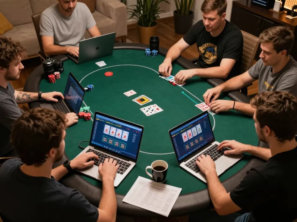 Engaged players participating in an intense RR88 online poker game from home, showcasing excitement and strategy.