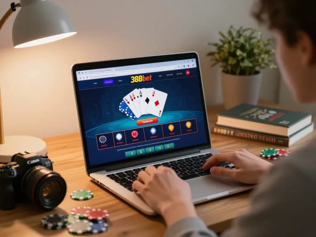 Player betting strategically on 388bet's online casino platform in a cozy home office.