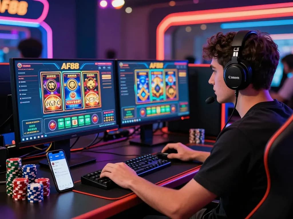 Player experiencing AF88's immersive gaming environment with vibrant casino lights and top-notch technology.