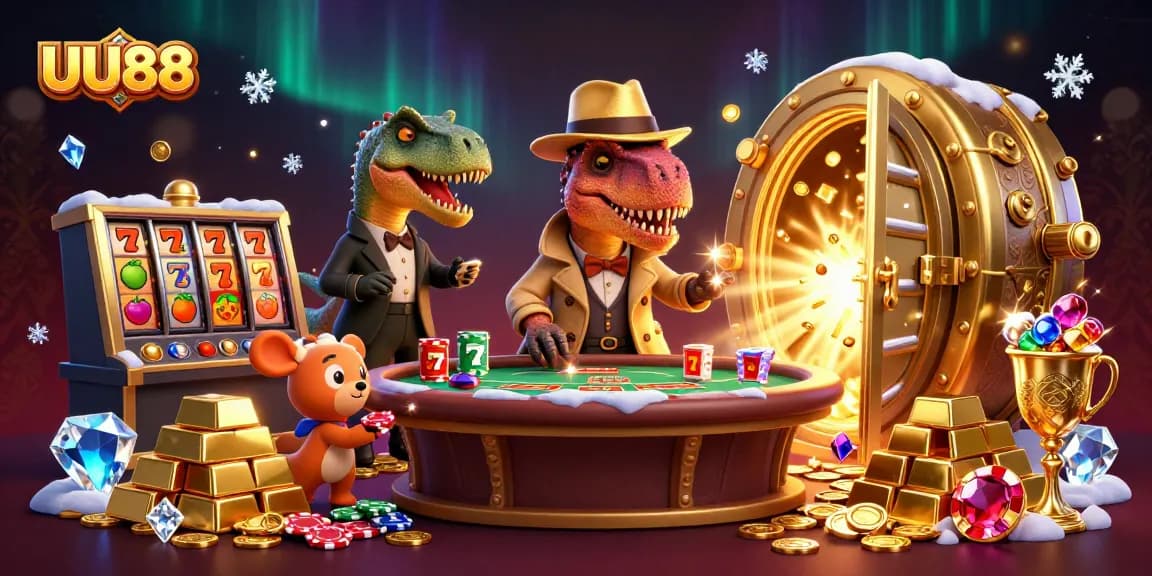 Gamblers experience thrill at UU88 with a velociraptor card counter and treasure-filled Vegas scene.