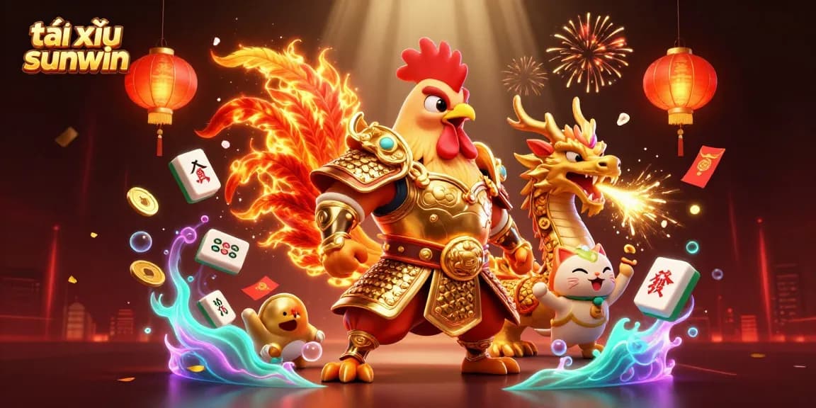 Tài xỉu sunwin features a fighting rooster and dragon in a colorful, dynamic casino scene.