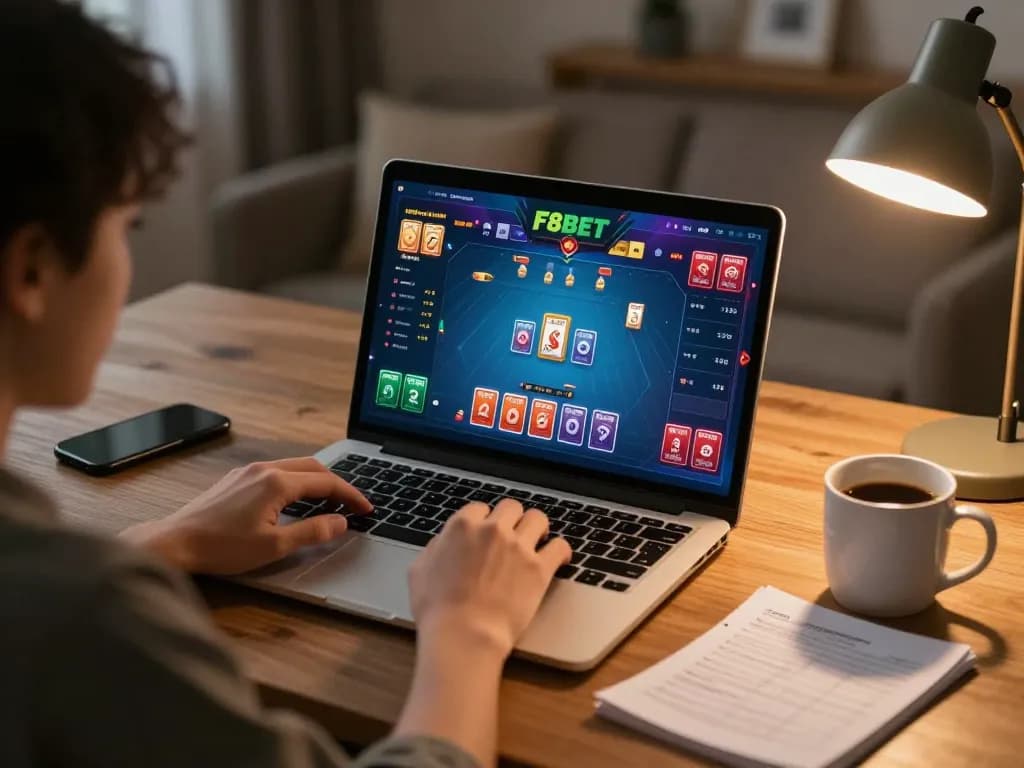 Player engaging in a strategic card game on F8BET while managing their bankroll in a cozy home.