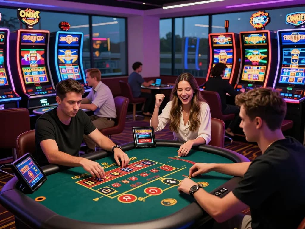 Exciting Onbet Casino atmosphere with players engaging in games and celebrating wins.
