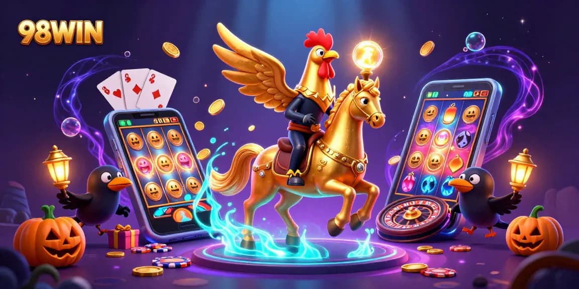 Experience intense gameplay with 98WIN in this vibrant casino scene filled with golden elements.