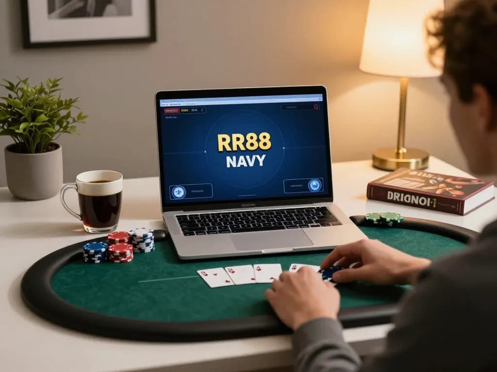 Player engaging in online poker at RR88 NAVY, showcasing an inviting setup with stylish decor.