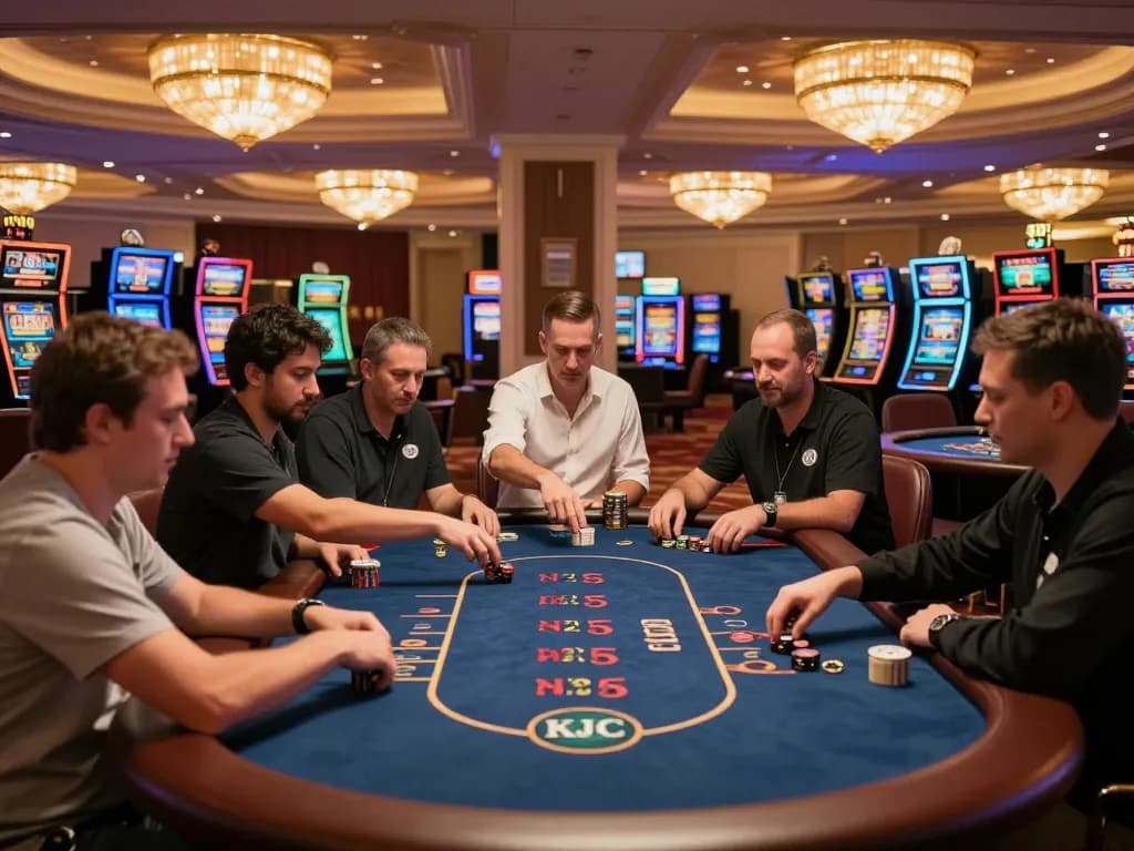 Players enjoying a vibrant poker game at KJC casino, showcasing dynamic gameplay and interactive dealer moments.