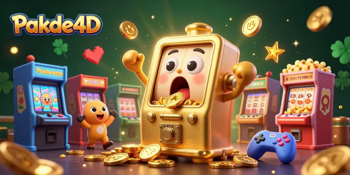 Experience the thrill of Pakde4D with a lively scene of a golden slot machine hitting a jackpot surrounded by cheering machines.