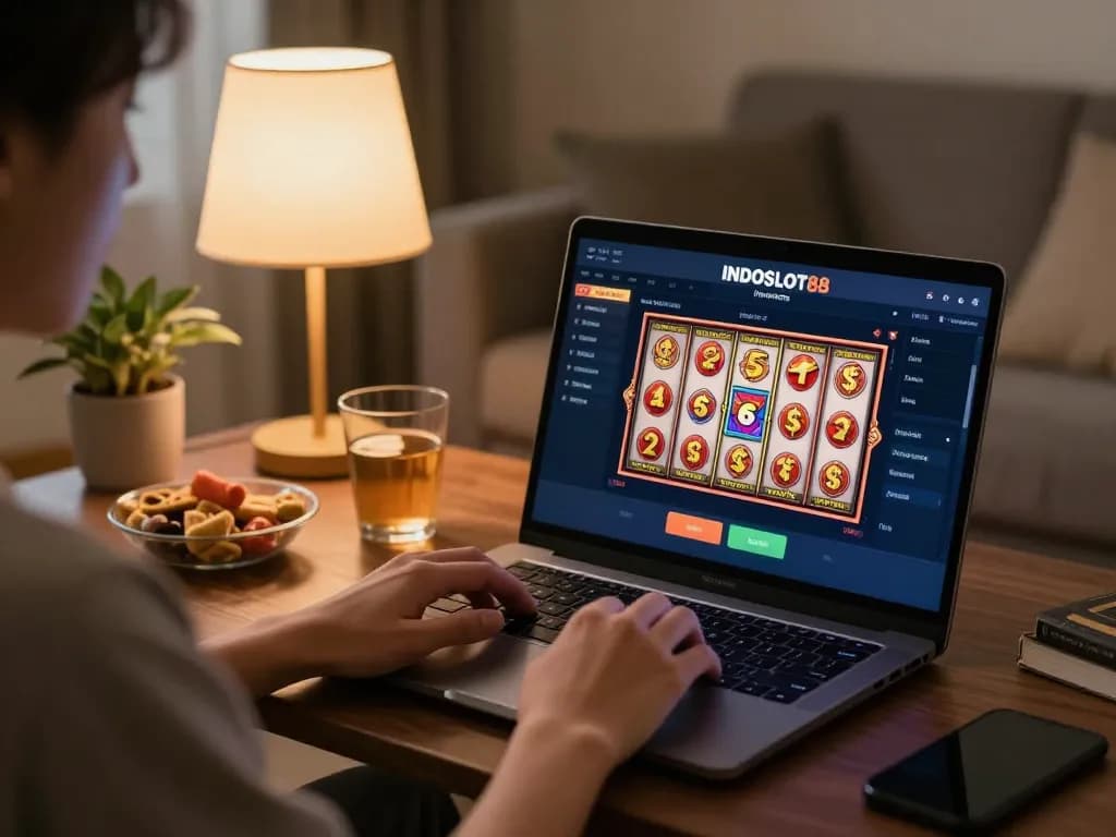 Engaging in online gaming on the platform INDOSLOT88 Indonesia with a laptop setup in a cozy living room.