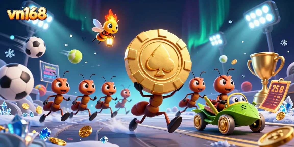 Engage in thrilling games at vn168 with a vibrant 3D cartoon illustration featuring ants in a heist.