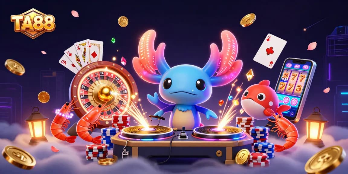 Experience thrilling casino action with TA88's energetic undersea party illustration featuring games and vibrant characters.