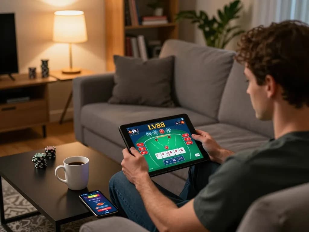 Engaging in a strategic poker game on LV88's mobile app in a cozy home setting