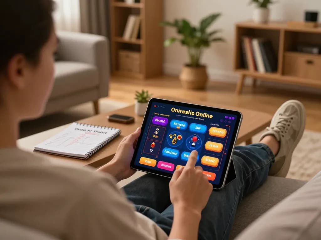 An engaged player on https://mk8th.net/ using a tablet for online casino gaming in a cozy home setting