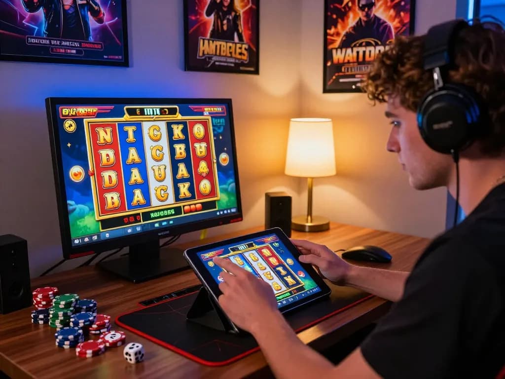 Pemain terlibat dalam permainan link slot gaco di tablet dengan grafis jackpot di ruang permainan yang nyaman