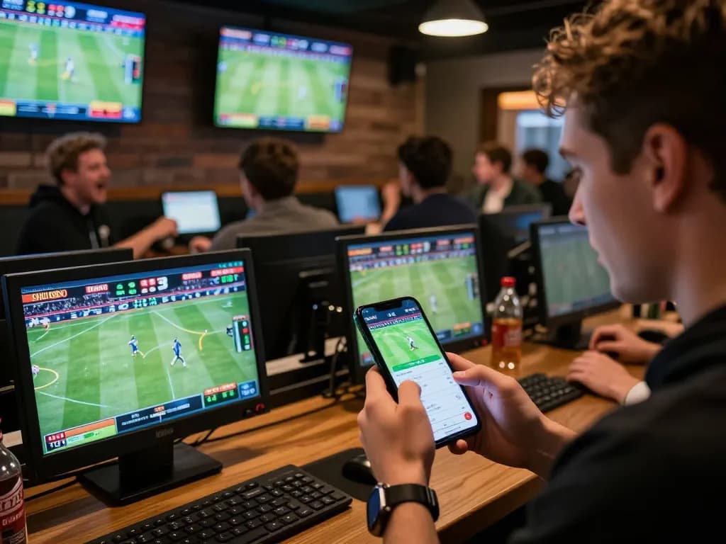 Excited sports bettors engaging with sbobet88 app in a lively sports bar atmosphere