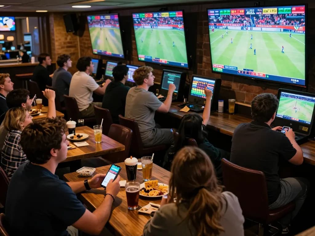 Open88 sports betting scene with enthusiastic fans engaging in live betting activities.