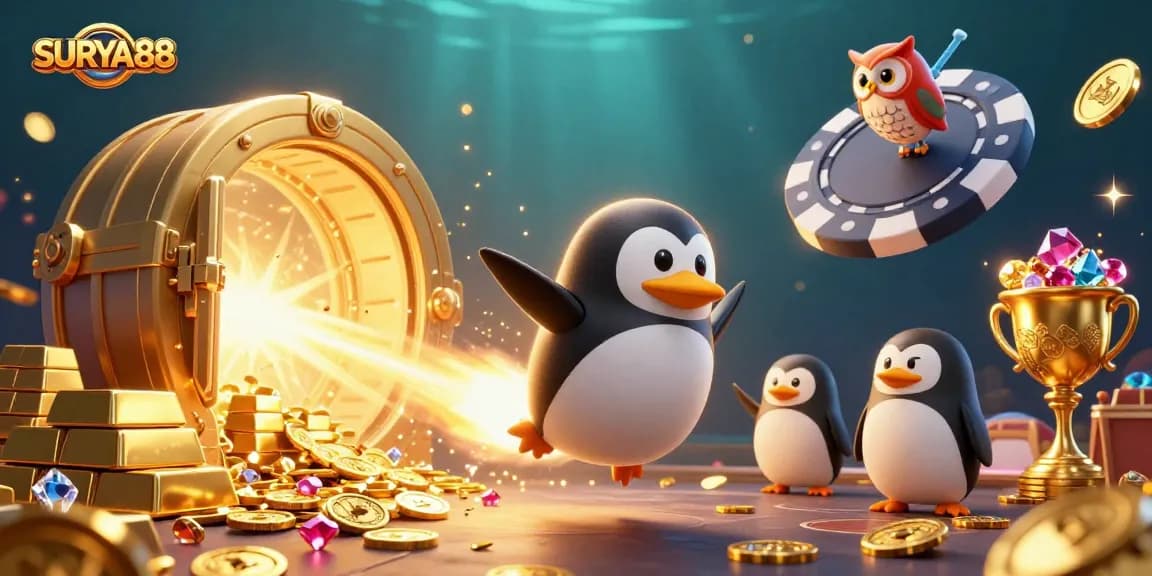 SURYA88 showcases a rocket-powered penguin soaring toward a gleaming casino chip in this lavish 3D illustration.