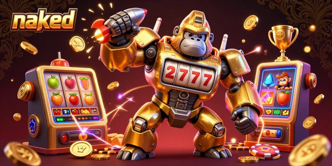 Spin for jackpots with the naked slot mech in a vibrant casino scene filled with gold coins.