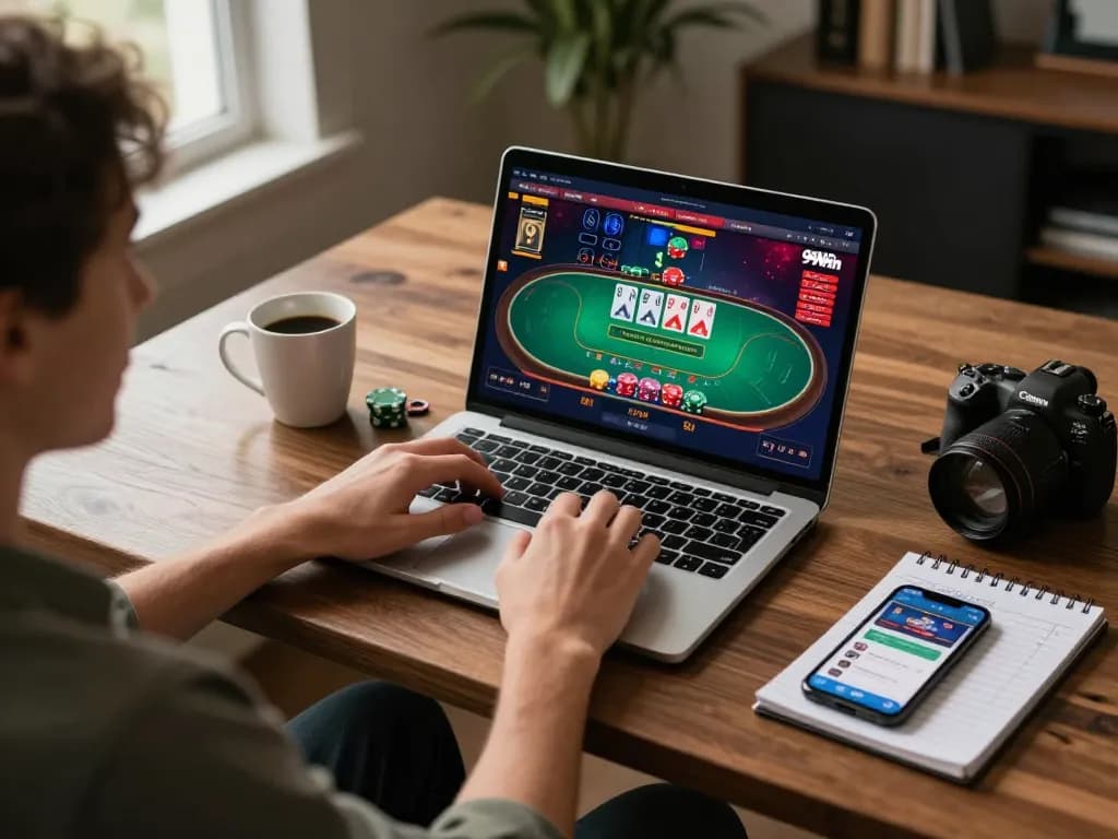 Engaging in online gambling at 99Win, showcasing a live dealer game scene on laptop