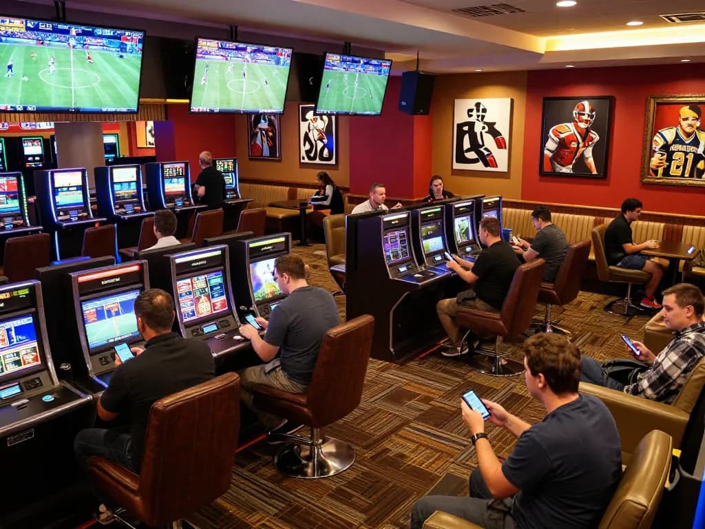Betting enthusiasts engage with RR88's live sports events in a vibrant casino setting