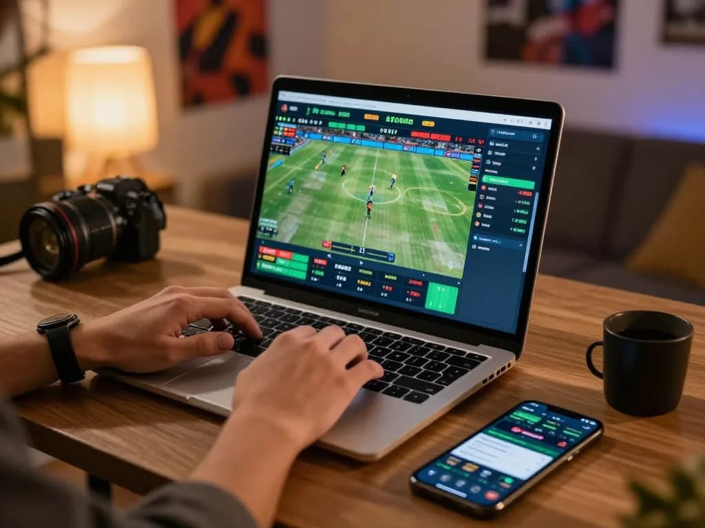 Engaging online sports betting scene with 789win clearer game stats and decisions being analyzed on laptop