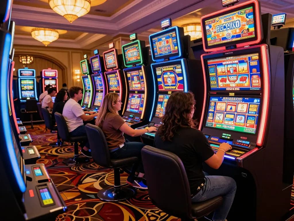 Players enjoying spinning slot machines in a vibrant casino atmosphere