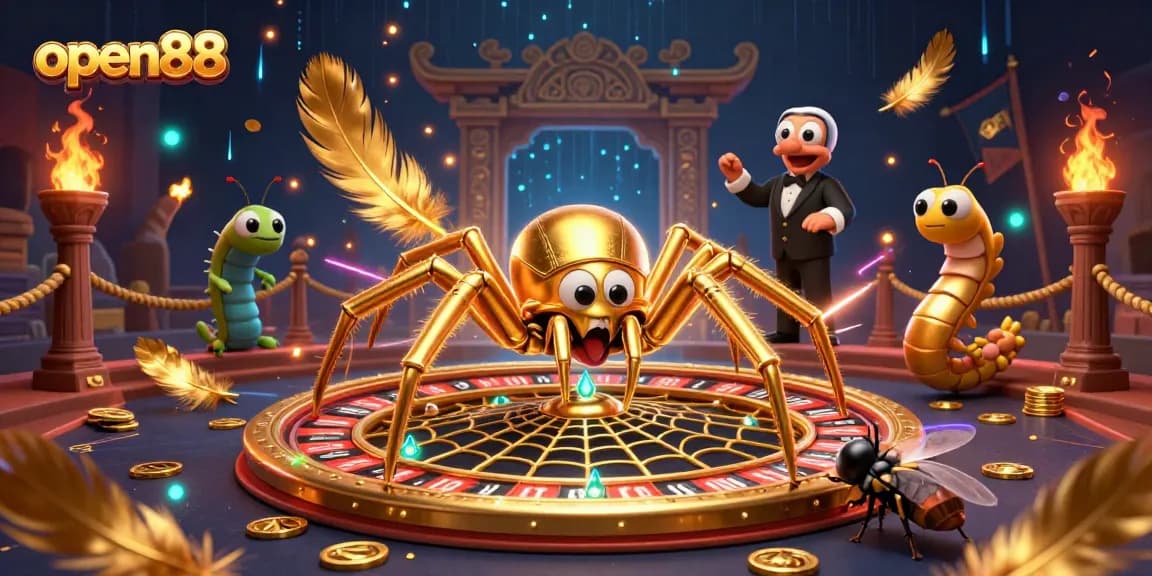 Experience thrilling betting action at open88 with a golden spider spinning a roulette wheel and a centipede croupier ready to deal.